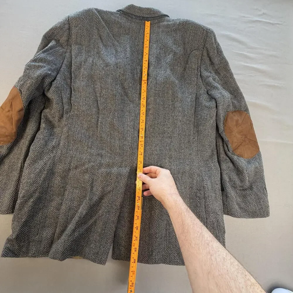 Bill Blass Sport Coat Mens 42 Gray Wool Herringbone Tweed Elbow Patch Blazer